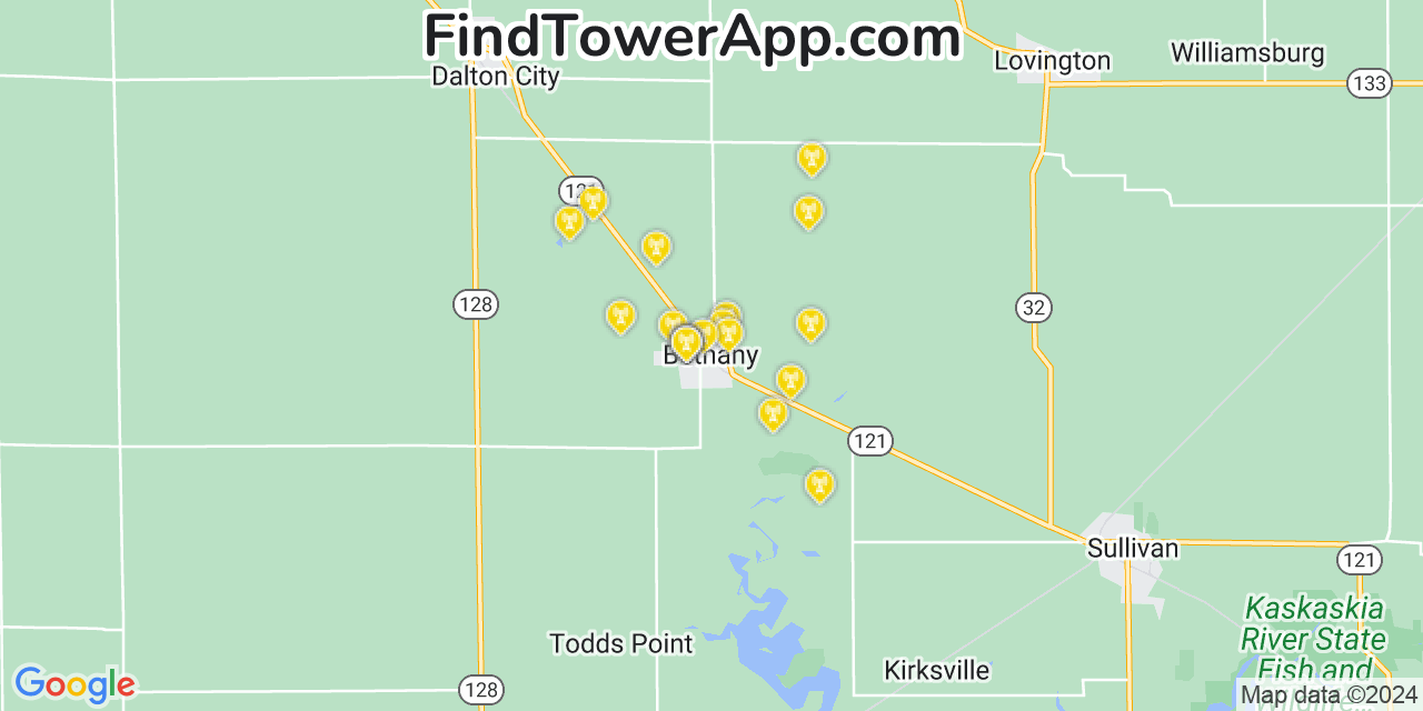 AT&T 4G/5G cell tower coverage map Bethany, Illinois