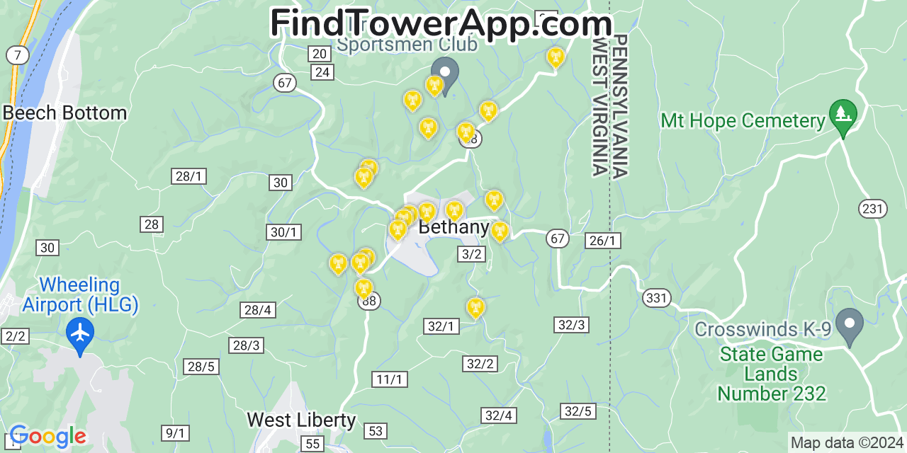 AT&T 4G/5G cell tower coverage map Bethany, West Virginia