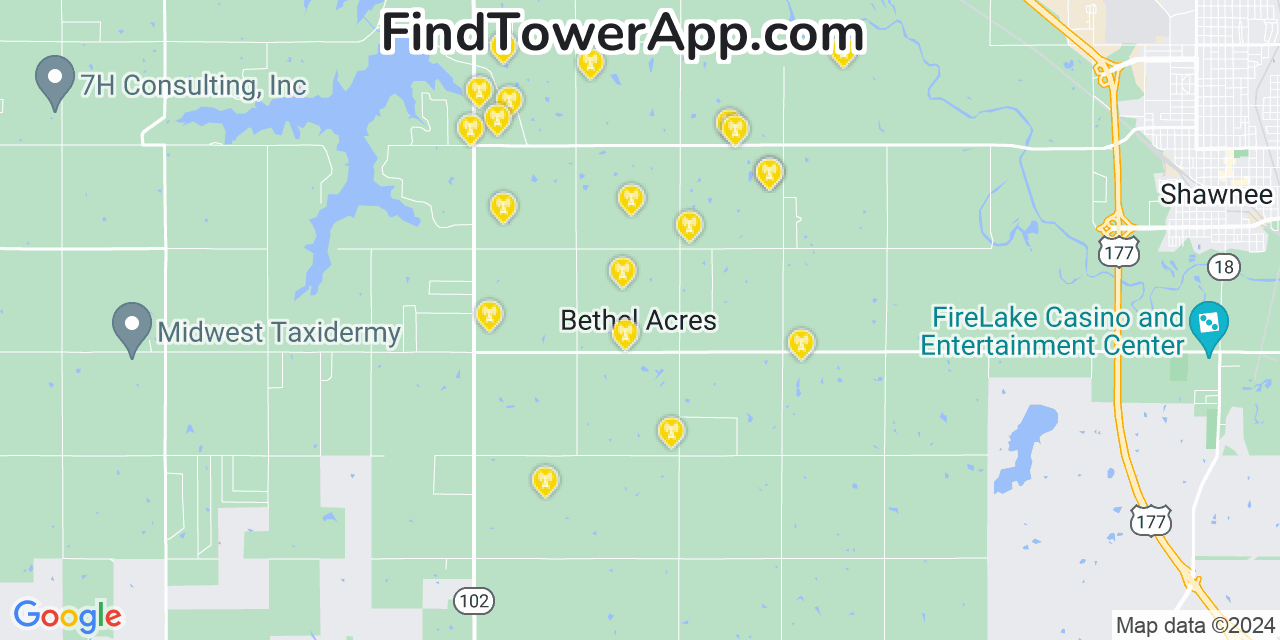 AT&T 4G/5G cell tower coverage map Bethel Acres, Oklahoma