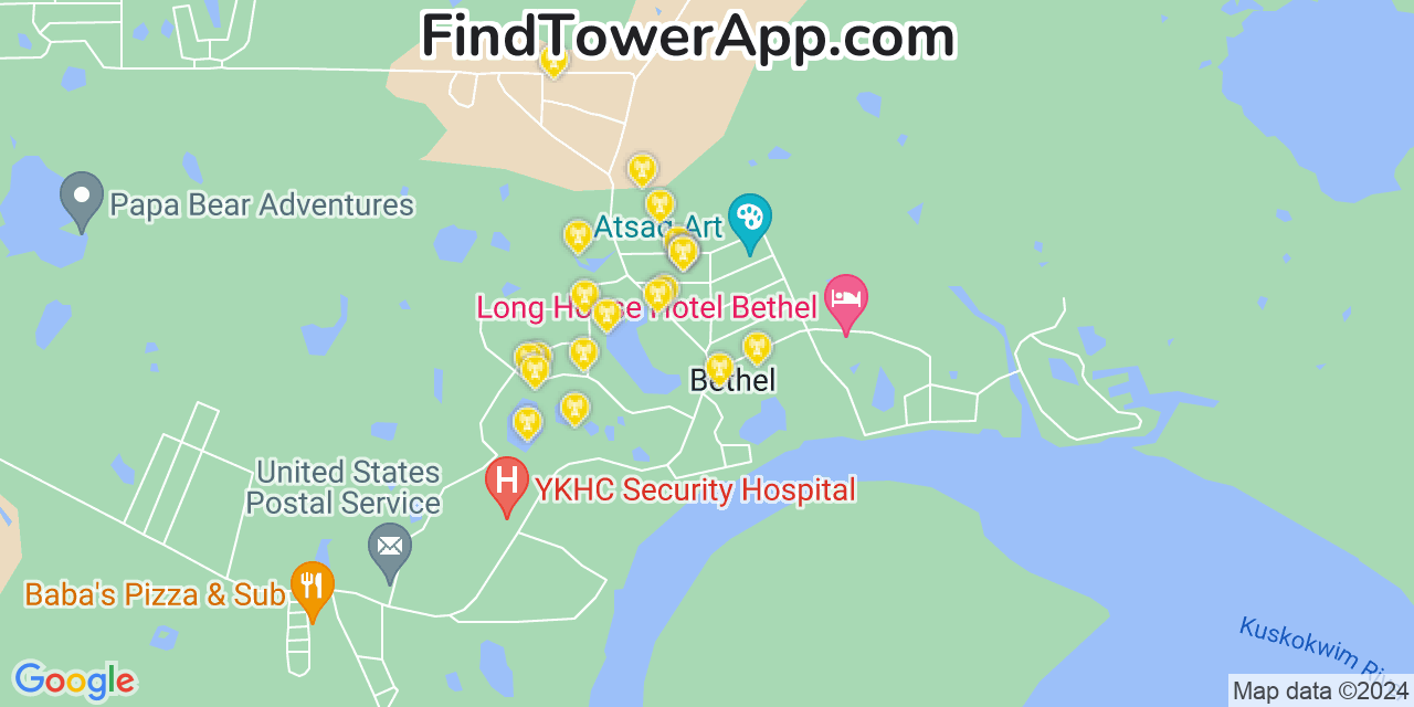 AT&T 4G/5G cell tower coverage map Bethel, Alaska