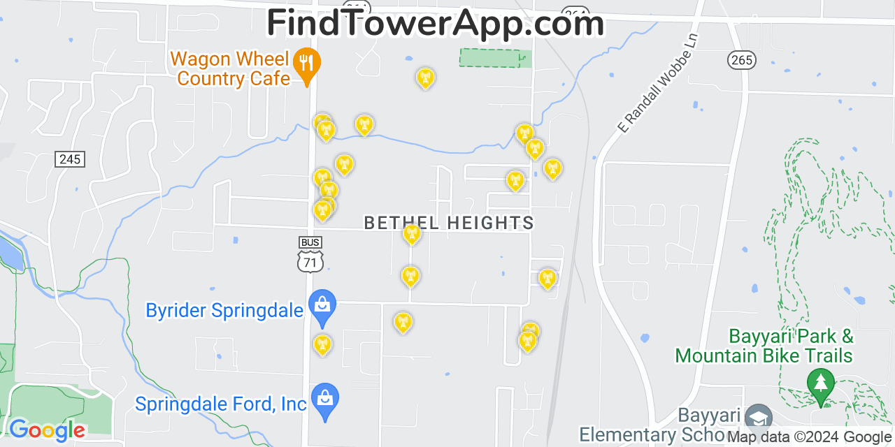 AT&T 4G/5G cell tower coverage map Bethel Heights, Arkansas