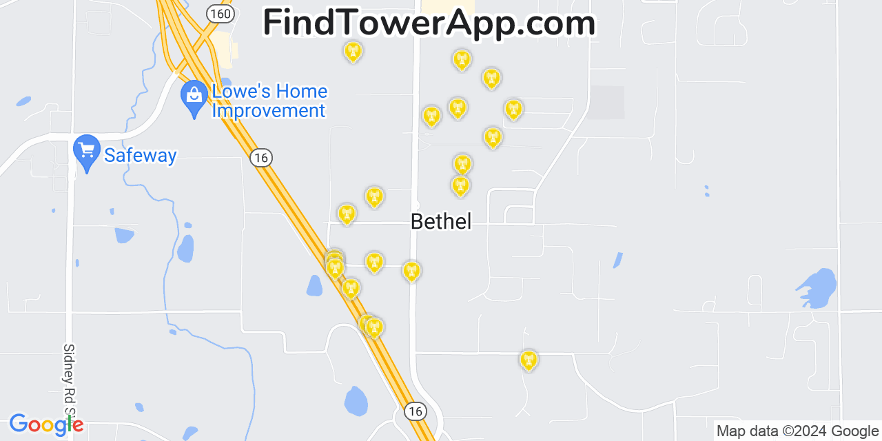 AT&T 4G/5G cell tower coverage map Bethel, Washington