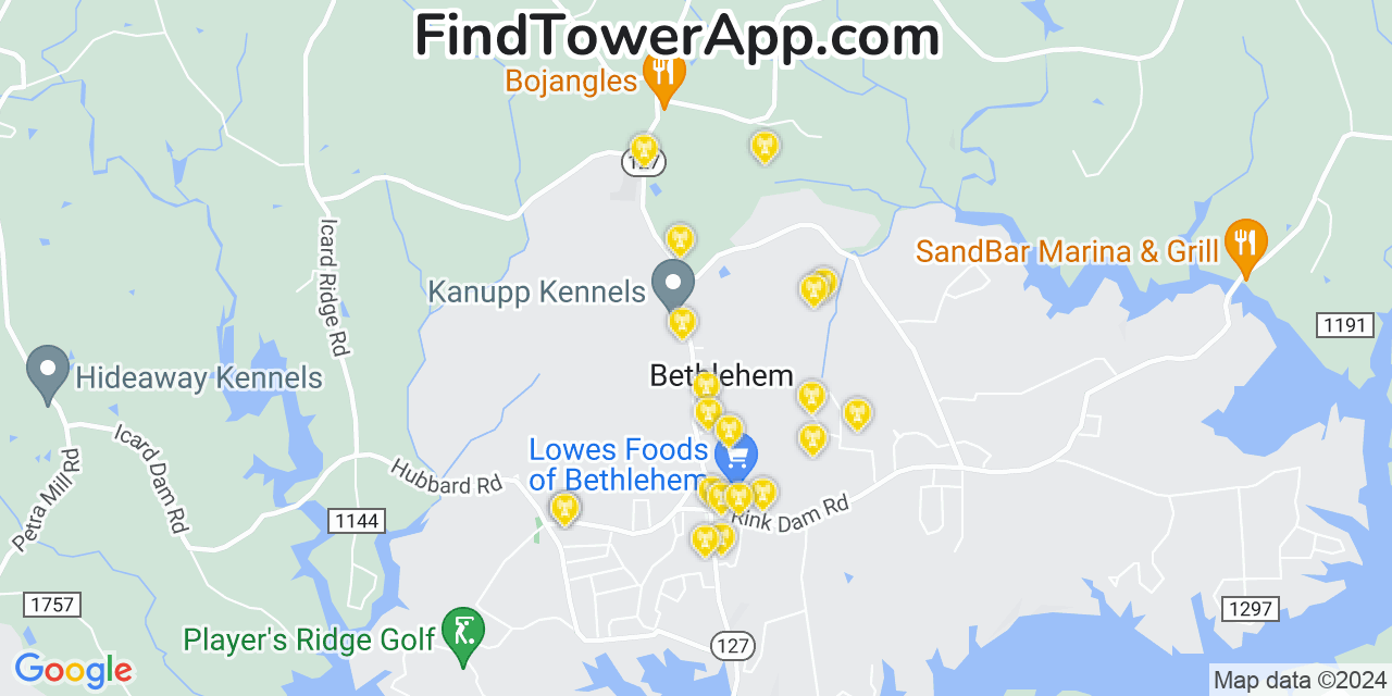 AT&T 4G/5G cell tower coverage map Bethlehem, North Carolina