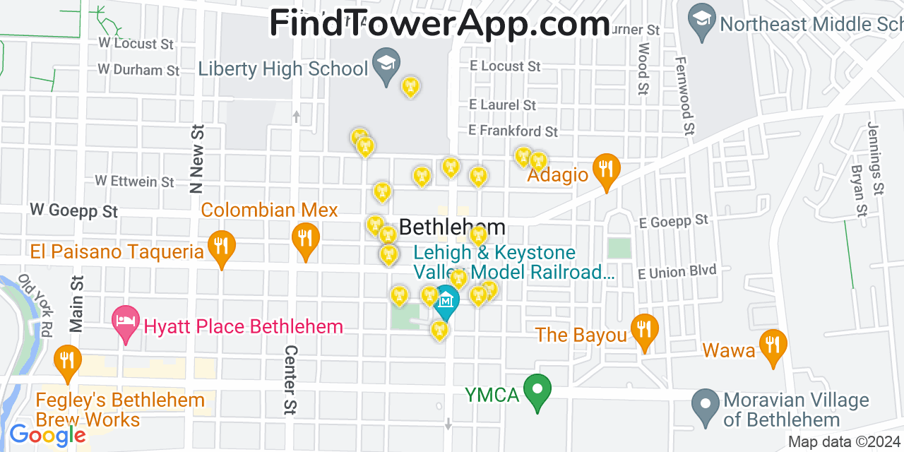 AT&T 4G/5G cell tower coverage map Bethlehem, Pennsylvania