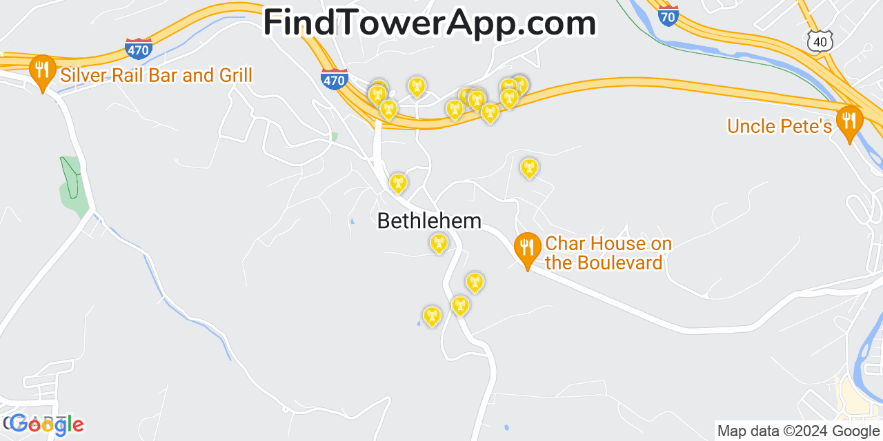 AT&T 4G/5G cell tower coverage map Bethlehem, West Virginia