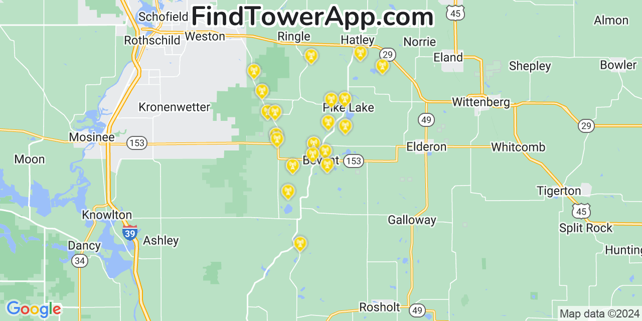 AT&T 4G/5G cell tower coverage map Bevent, Wisconsin
