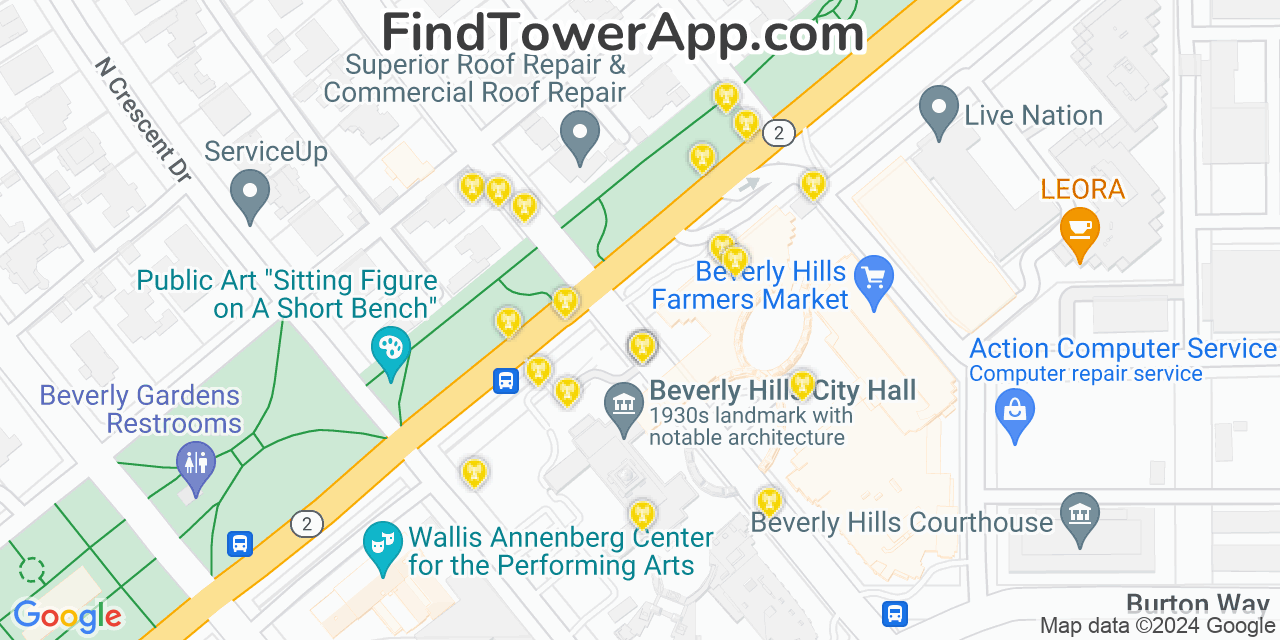 AT&T 4G/5G cell tower coverage map Beverly Hills, California