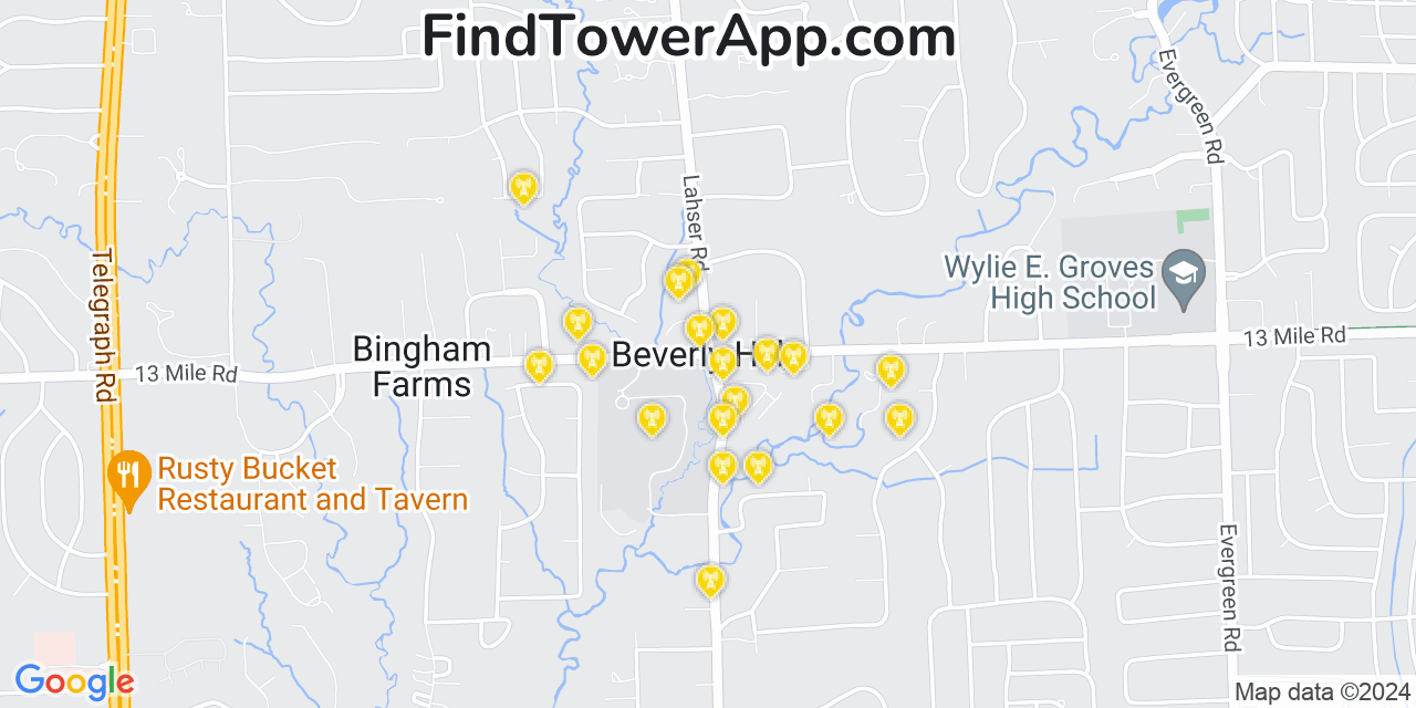 AT&T 4G/5G cell tower coverage map Beverly Hills, Michigan