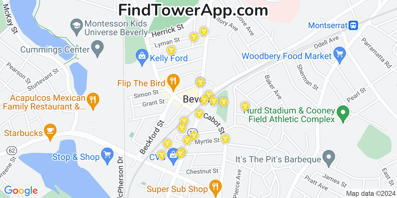 AT&T 4G/5G cell tower coverage map Beverly, Massachusetts