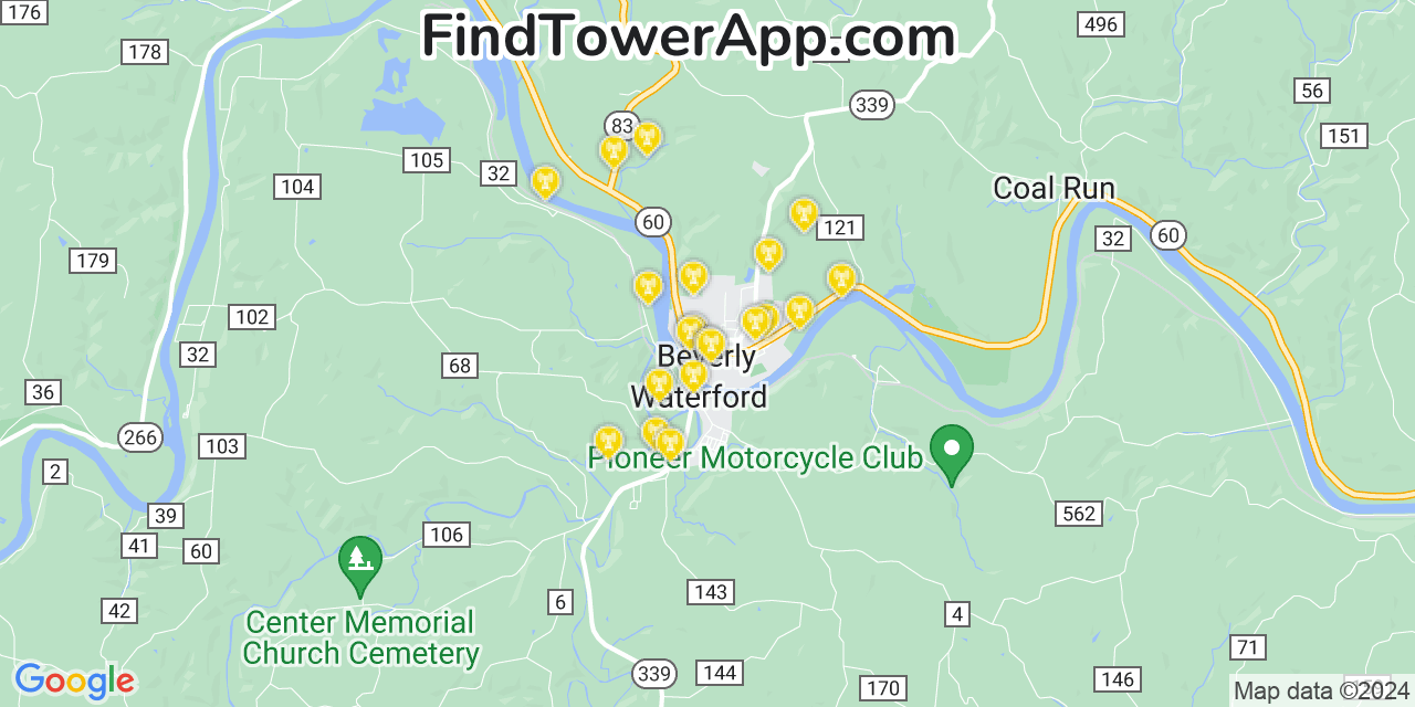 AT&T 4G/5G cell tower coverage map Beverly, Ohio