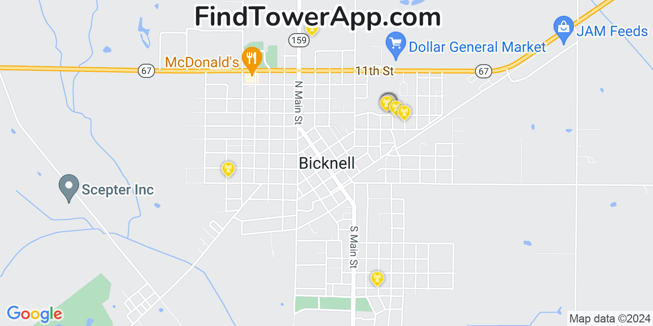 AT&T 4G/5G cell tower coverage map Bicknell, Indiana
