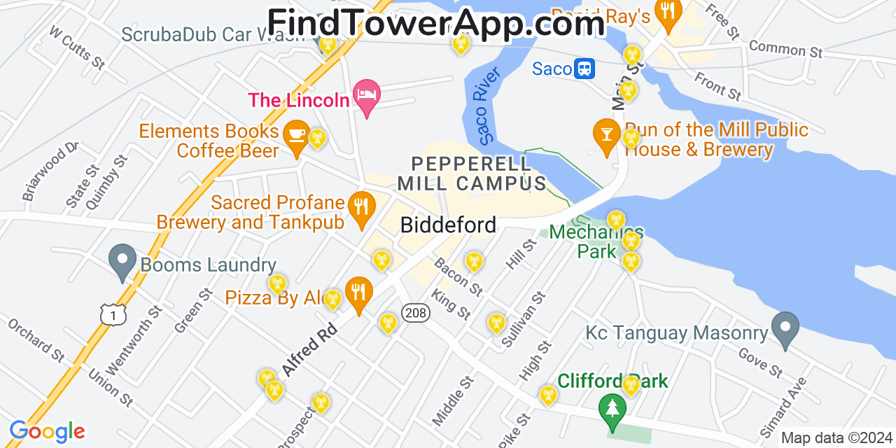 AT&T 4G/5G cell tower coverage map Biddeford, Maine