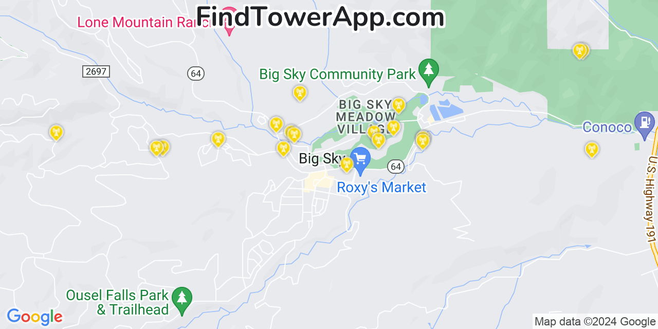 AT&T 4G/5G cell tower coverage map Big Sky, Montana