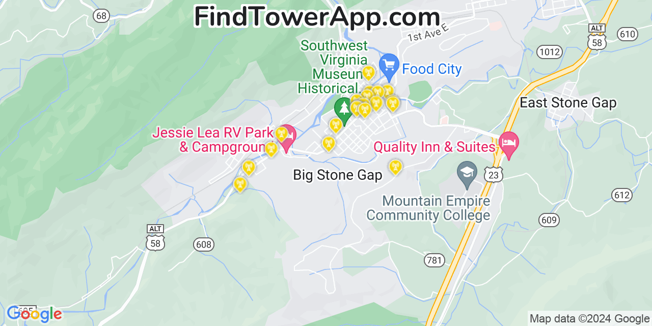 AT&T 4G/5G cell tower coverage map Big Stone Gap, Virginia