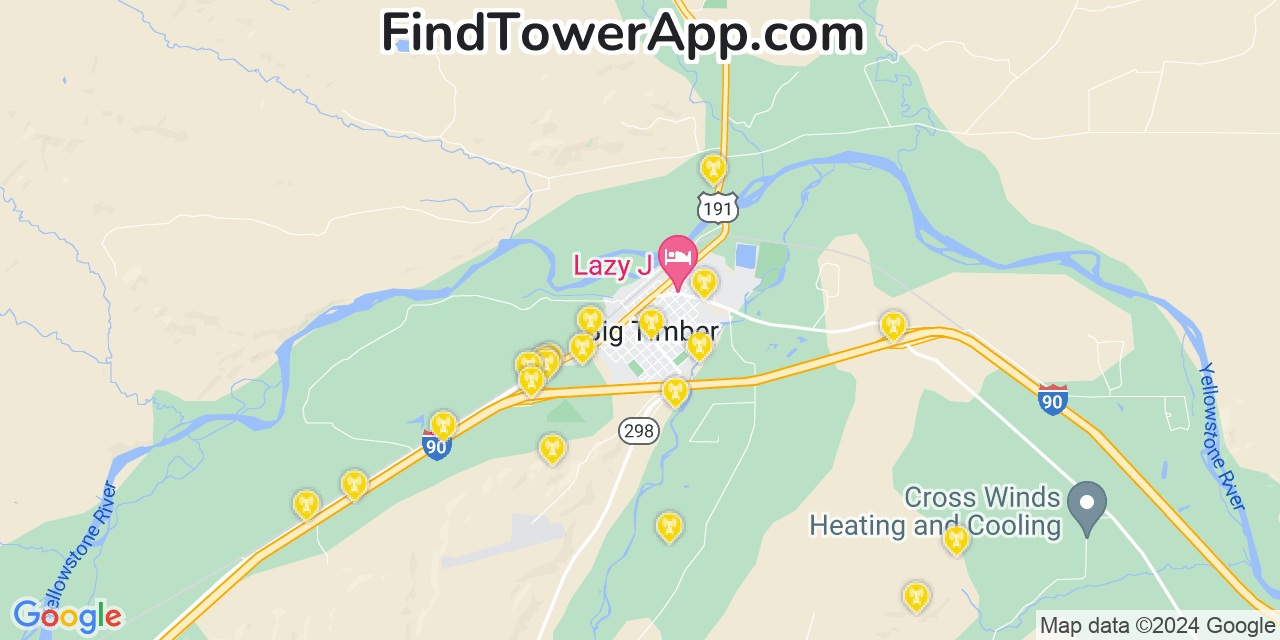 AT&T 4G/5G cell tower coverage map Big Timber, Montana