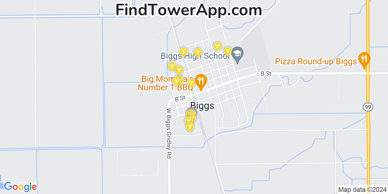 AT&T 4G/5G cell tower coverage map Biggs, California