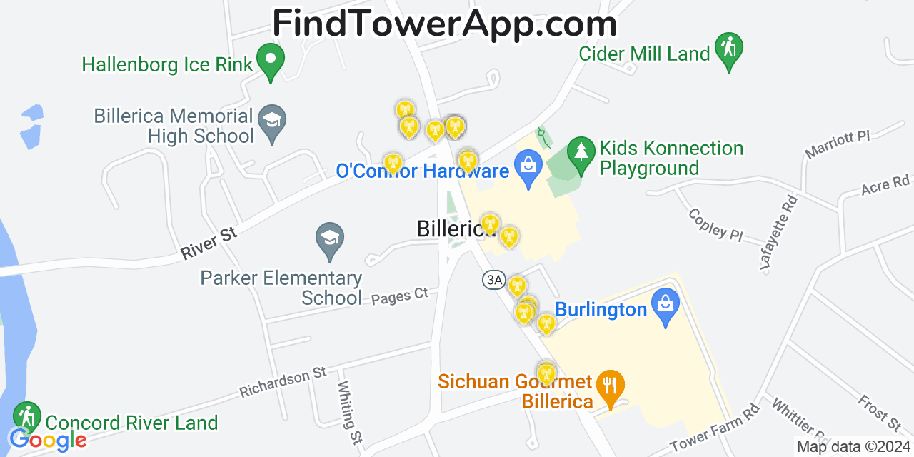 AT&T 4G/5G cell tower coverage map Billerica, Massachusetts