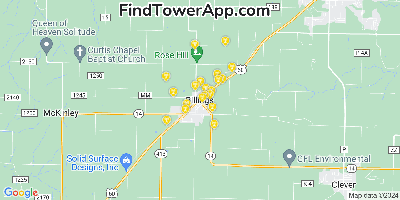 AT&T 4G/5G cell tower coverage map Billings, Missouri