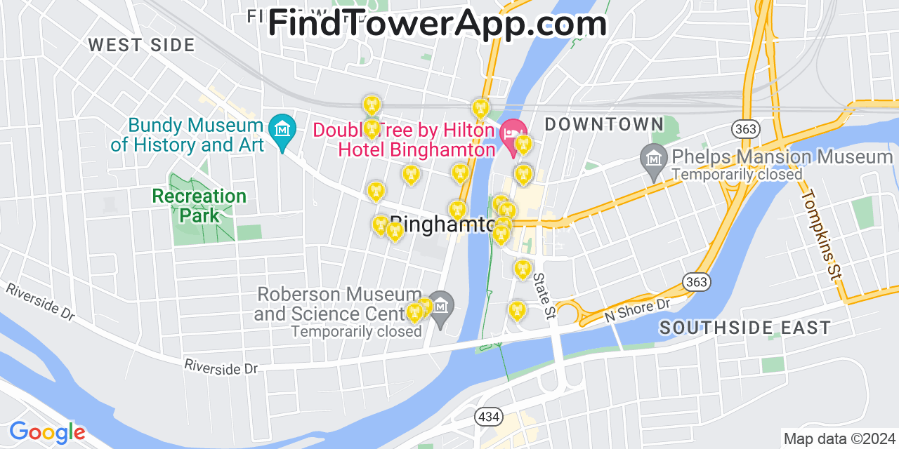 AT&T 4G/5G cell tower coverage map Binghamton, New York