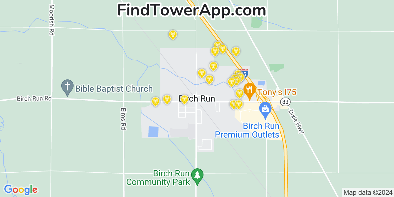 AT&T 4G/5G cell tower coverage map Birch Run, Michigan