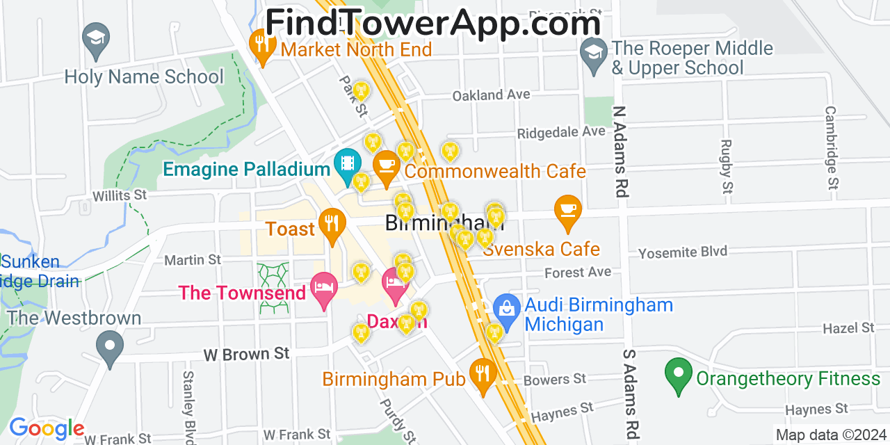 AT&T 4G/5G cell tower coverage map Birmingham, Michigan