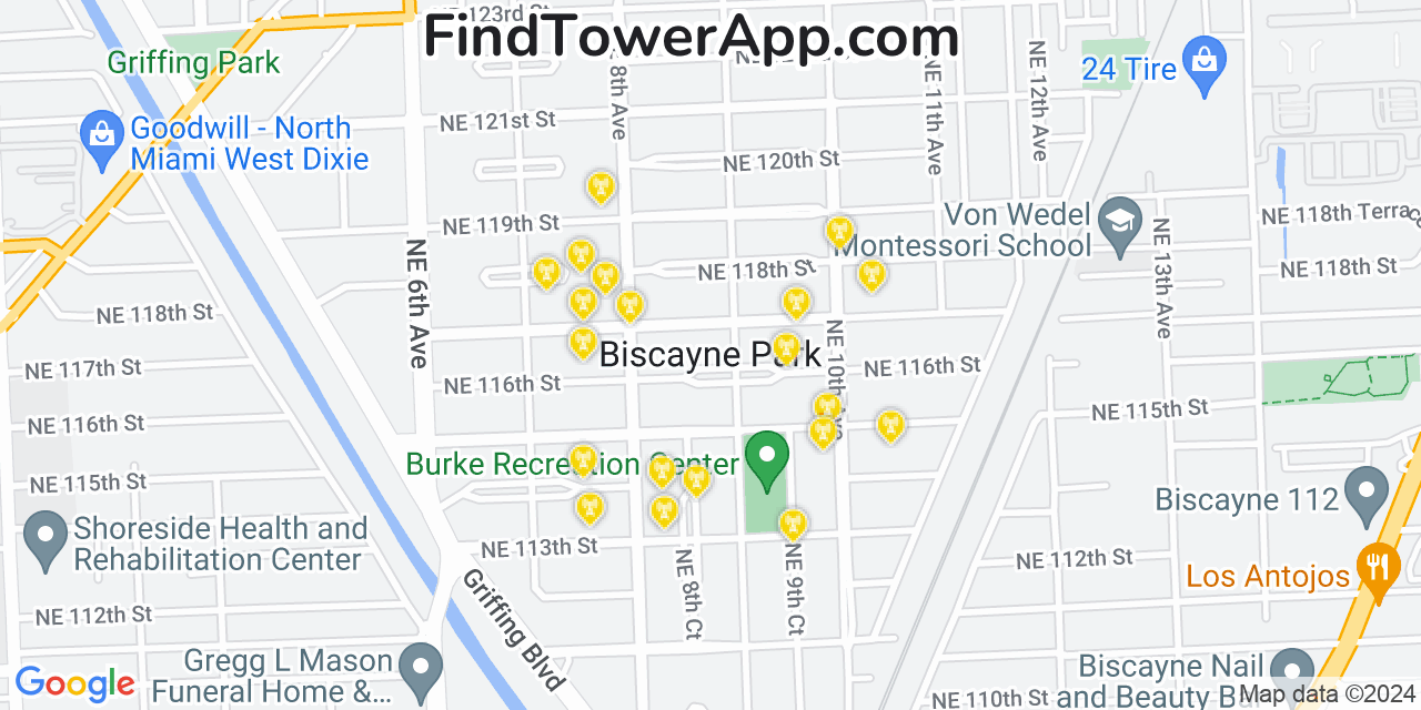 AT&T 4G/5G cell tower coverage map Biscayne Park, Florida