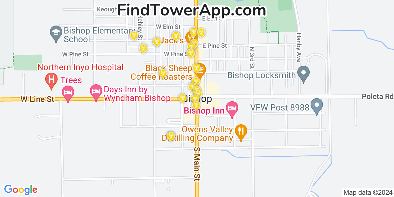 AT&T 4G/5G cell tower coverage map Bishop, California