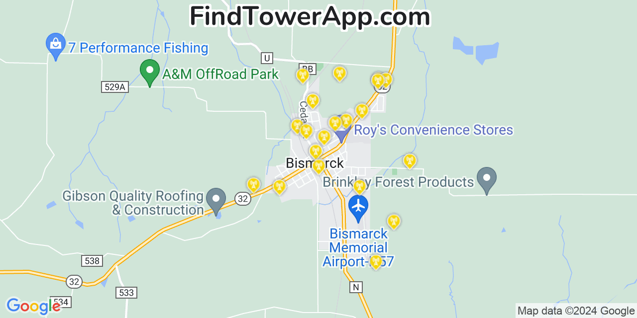 AT&T 4G/5G cell tower coverage map Bismarck, Missouri