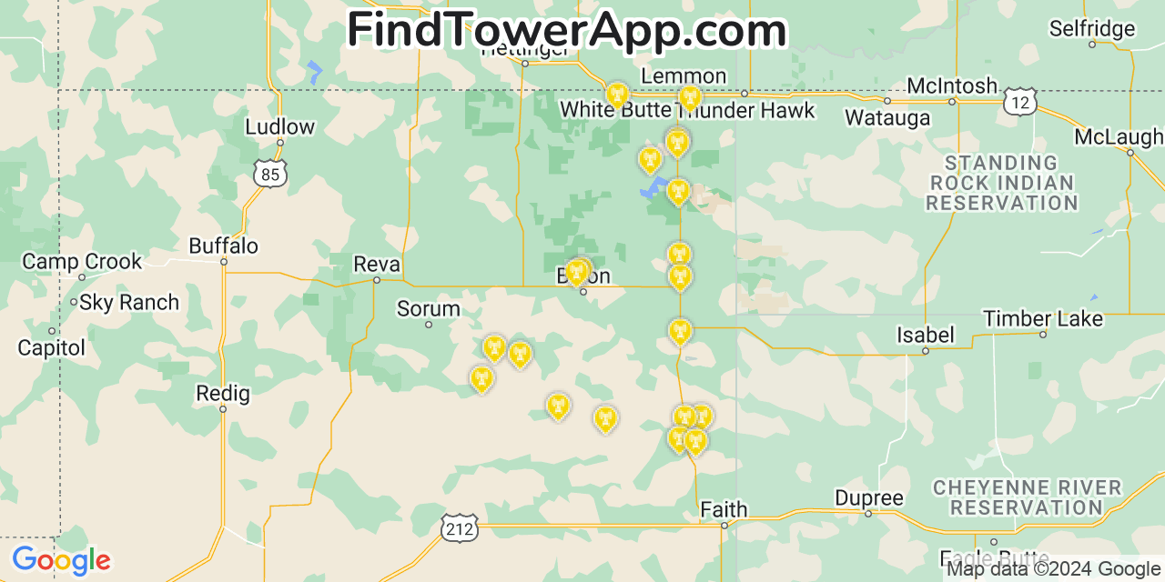 AT&T 4G/5G cell tower coverage map Bison, South Dakota