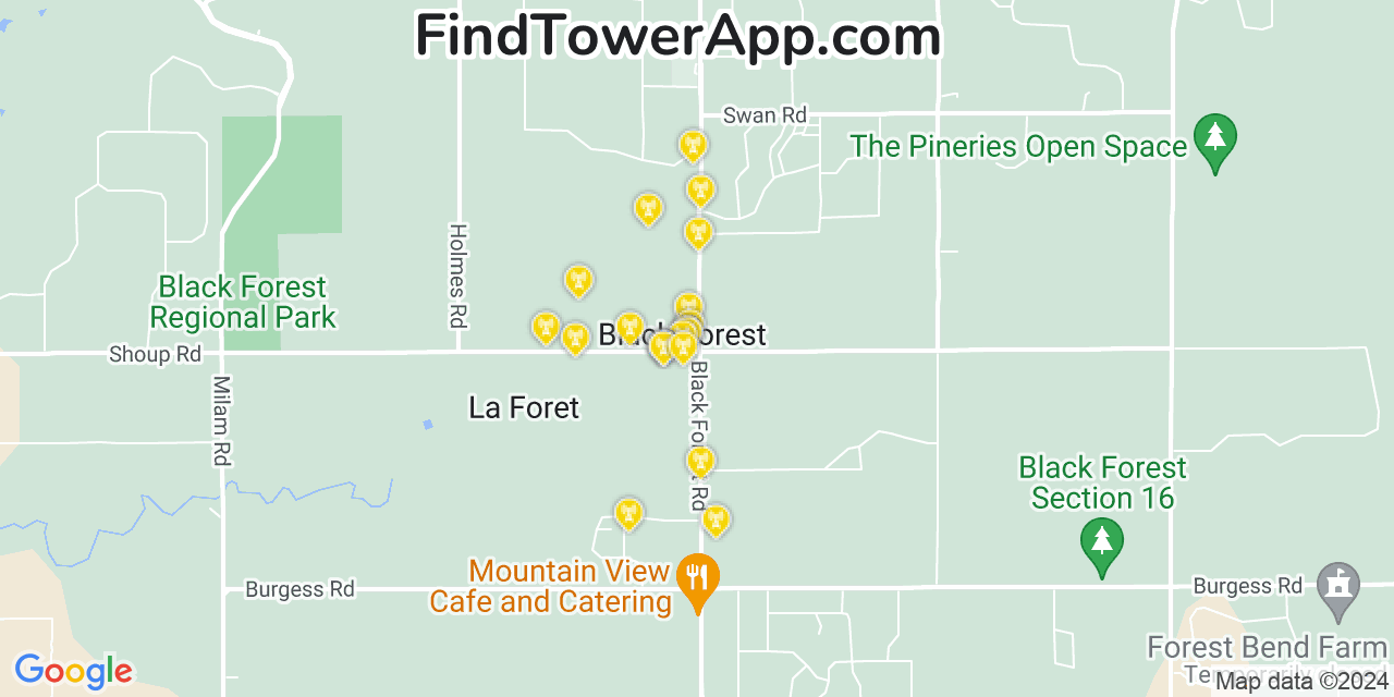 AT&T 4G/5G cell tower coverage map Black Forest, Colorado