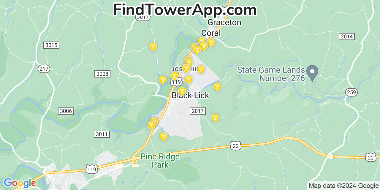Verizon 4G/5G cell tower coverage map Black Lick, Pennsylvania