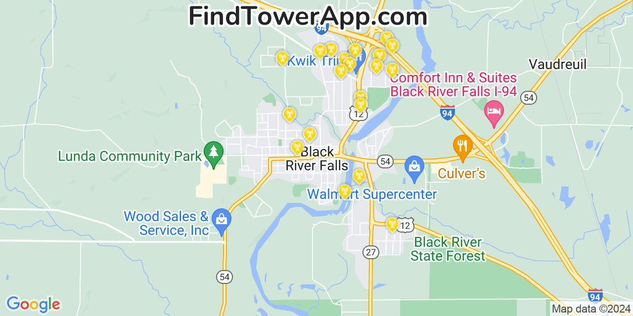 AT&T 4G/5G cell tower coverage map Black River Falls, Wisconsin