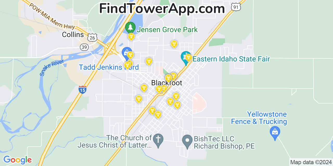 AT&T 4G/5G cell tower coverage map Blackfoot, Idaho
