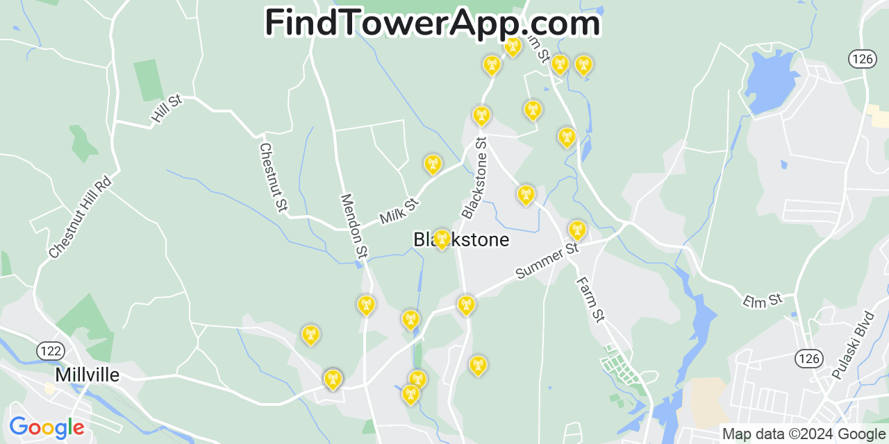 AT&T 4G/5G cell tower coverage map Blackstone, Massachusetts