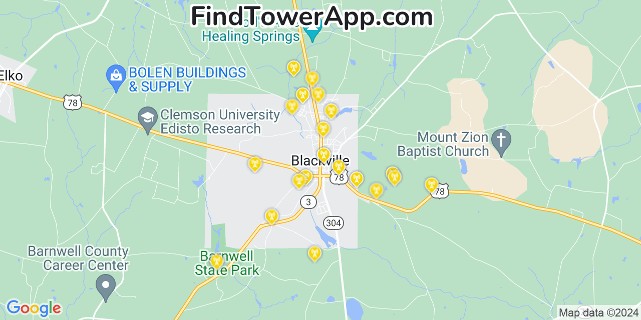 AT&T 4G/5G cell tower coverage map Blackville, South Carolina