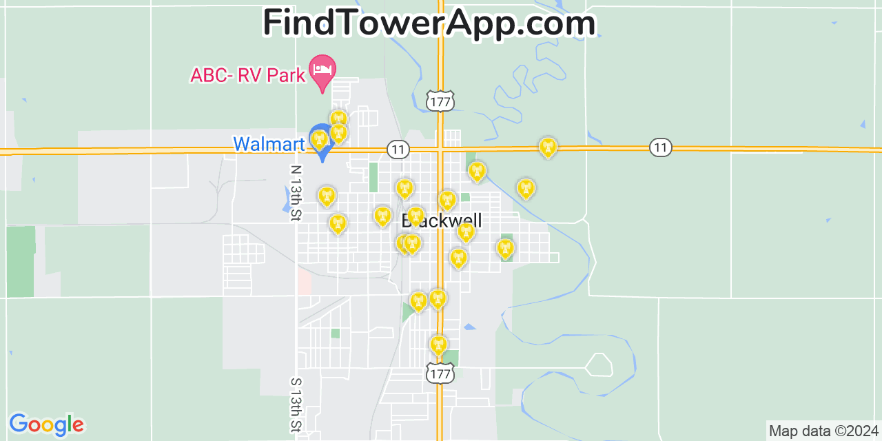 AT&T 4G/5G cell tower coverage map Blackwell, Oklahoma