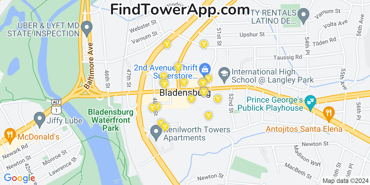 AT&T 4G/5G cell tower coverage map Bladensburg, Maryland