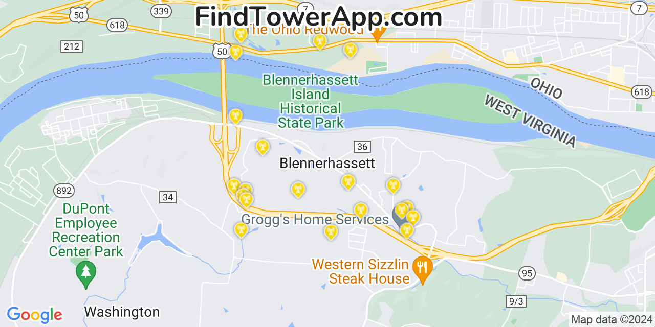 AT&T 4G/5G cell tower coverage map Blennerhassett, West Virginia