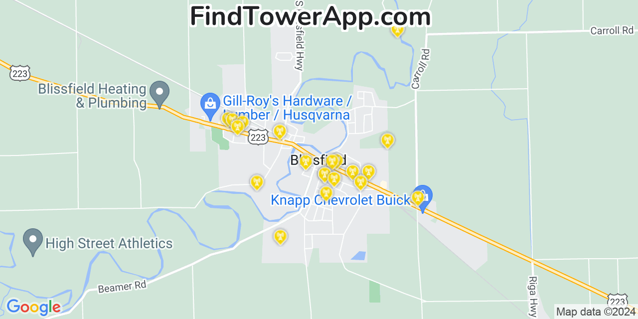 AT&T 4G/5G cell tower coverage map Blissfield, Michigan