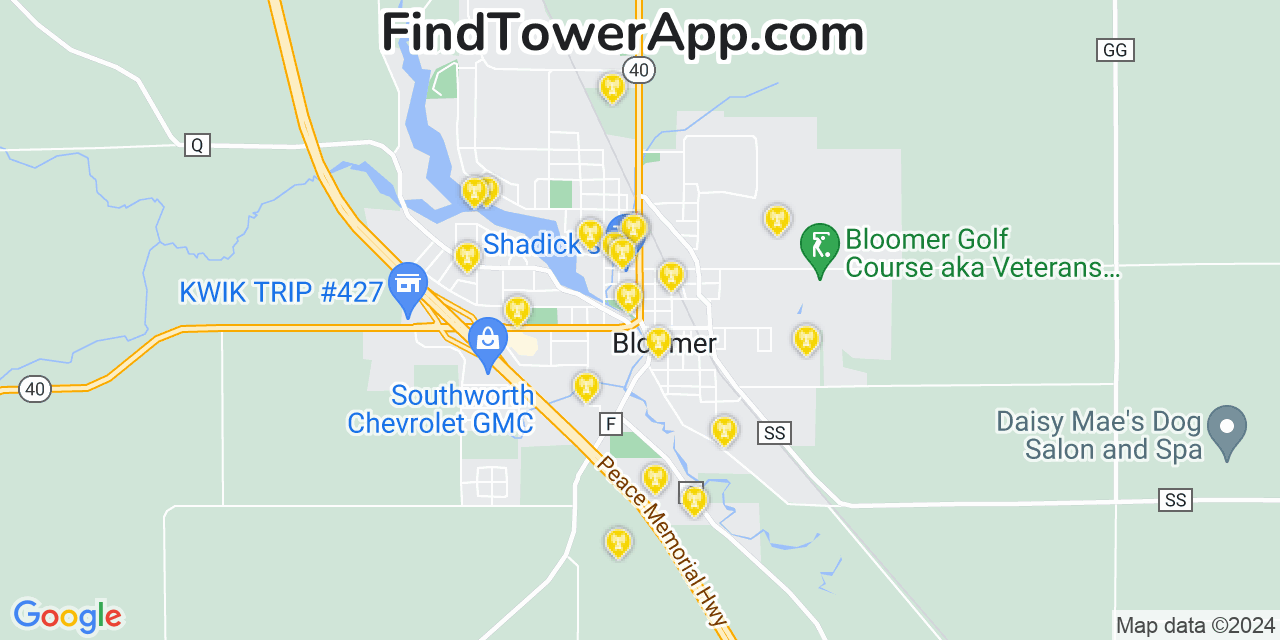 AT&T 4G/5G cell tower coverage map Bloomer, Wisconsin