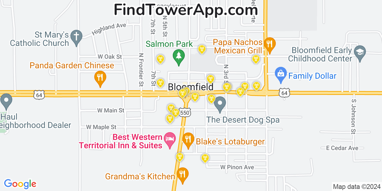 AT&T 4G/5G cell tower coverage map Bloomfield, New Mexico