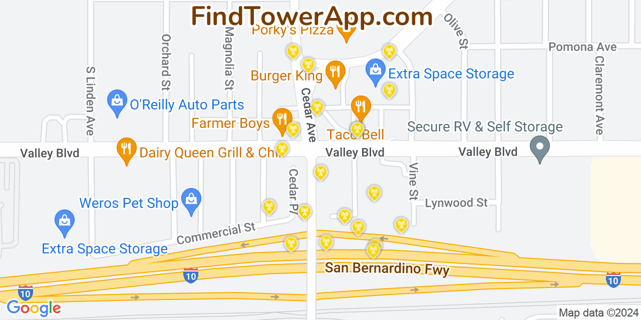 AT&T 4G/5G cell tower coverage map Bloomington, California