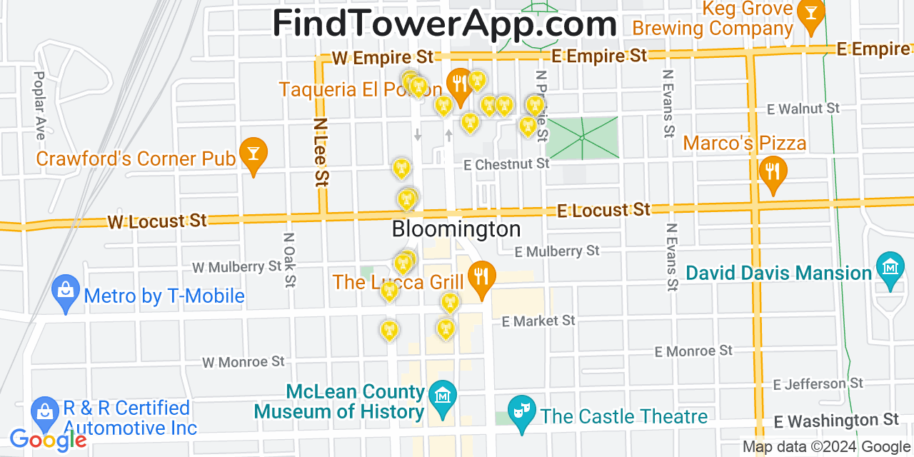 AT&T 4G/5G cell tower coverage map Bloomington, Illinois