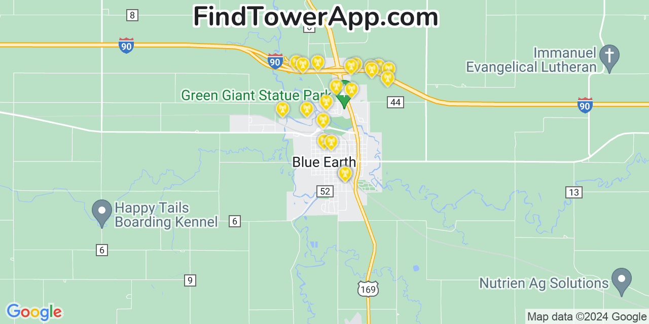 AT&T 4G/5G cell tower coverage map Blue Earth, Minnesota