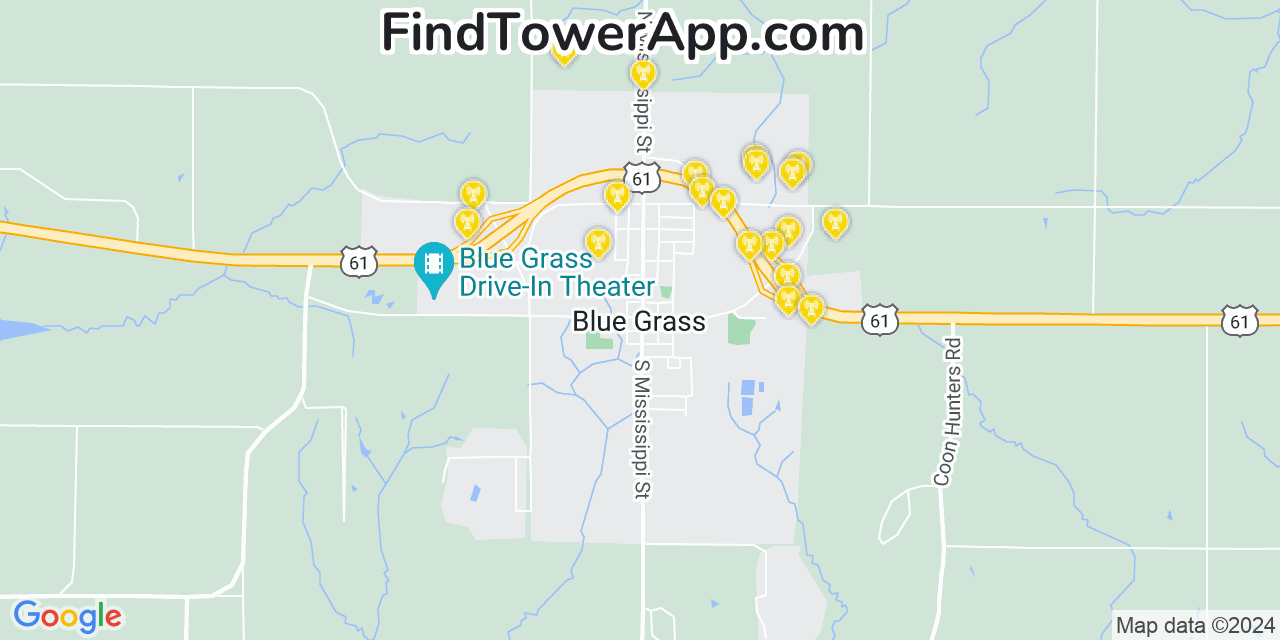 AT&T 4G/5G cell tower coverage map Blue Grass, Iowa