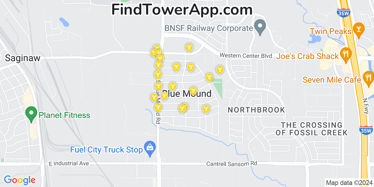 AT&T 4G/5G cell tower coverage map Blue Mound, Texas