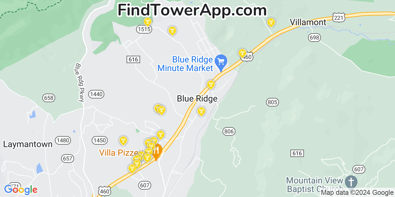 AT&T 4G/5G cell tower coverage map Blue Ridge, Virginia