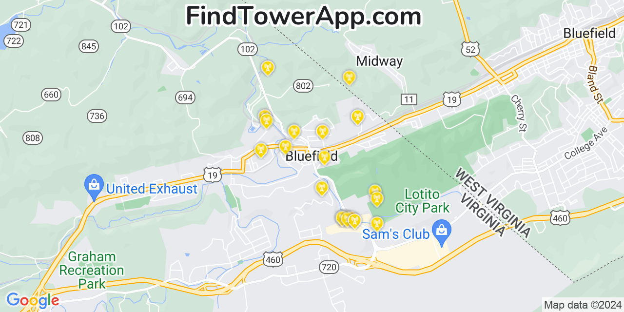 AT&T 4G/5G cell tower coverage map Bluefield, Virginia