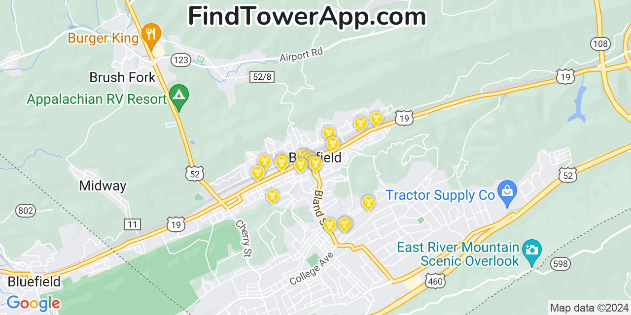 AT&T 4G/5G cell tower coverage map Bluefield, West Virginia