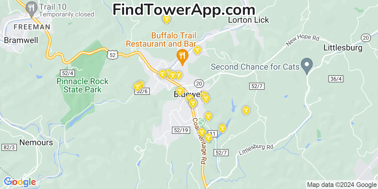 AT&T 4G/5G cell tower coverage map Bluewell, West Virginia